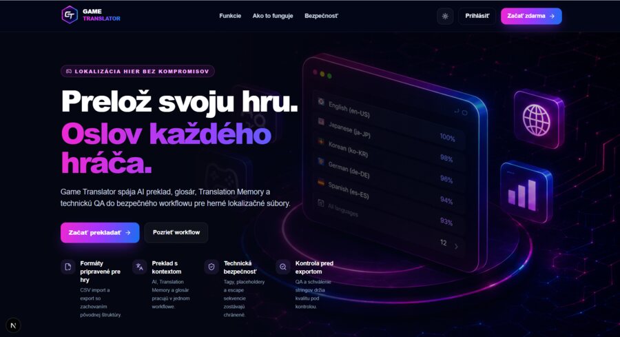 Náhľad webovej aplikácie Game Translator