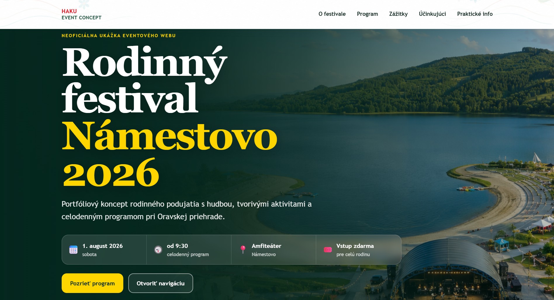 Desktopový náhľad fiktívneho konceptu webu Rodinný festival Námestovo 2026